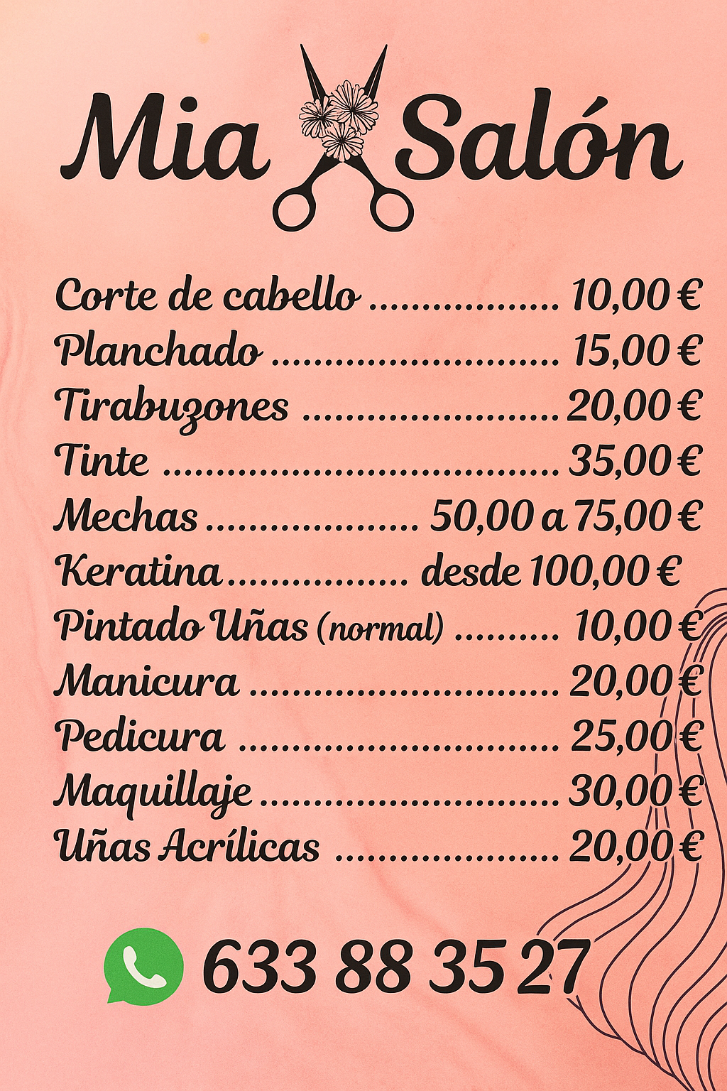 Lista de precios de peluquería y estética en Cadalso de los Vidrios (Mia Salón)